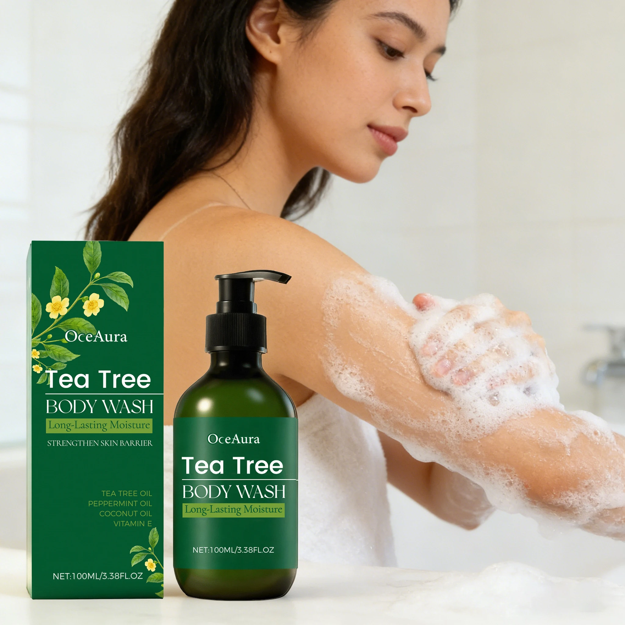 

100 мл шампунь для тела с маслом чайного дерева, обильная пена, ежедневное очищение, увлажнение пор, освежающий, стойкий аромат, антиоксидантный, разглаживающий