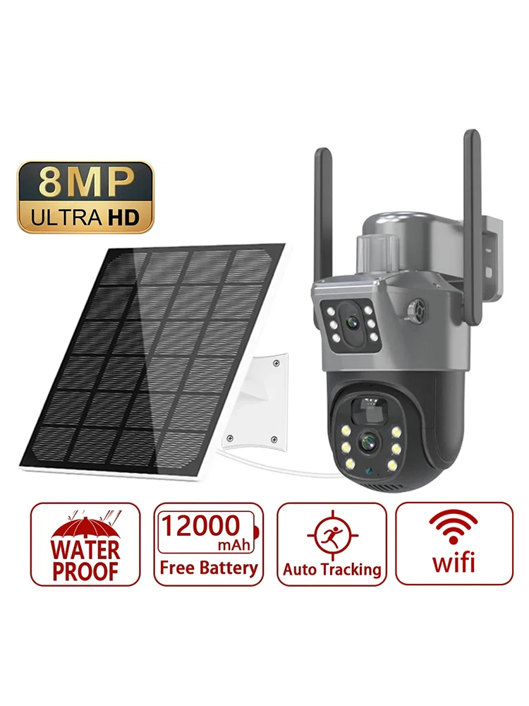 4K 8MP Kabellose Dual-Video Dual-Objektiv WLAN-Videoüberwachung Solarbetriebene HD IP PTZ Outdoor 2.4G WiFi CCTV Sicherheitskamera mit automatischer Verfolgung