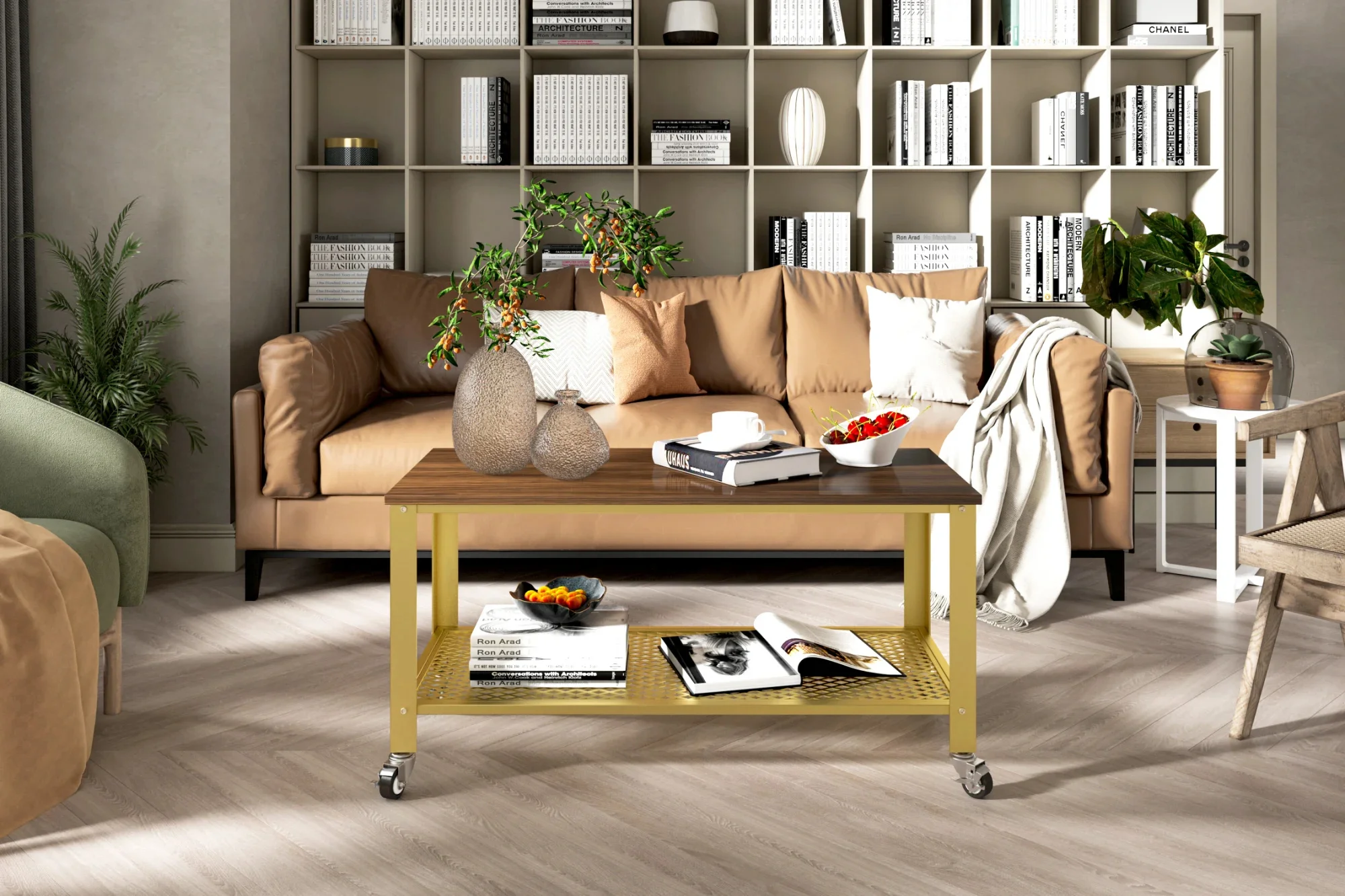 Cuboid Coffee Table Moisture-Proof Water-Proof Scratch-Resistant W/4 Lockable Wheels Metal Frame&Mesh Storage Shelf