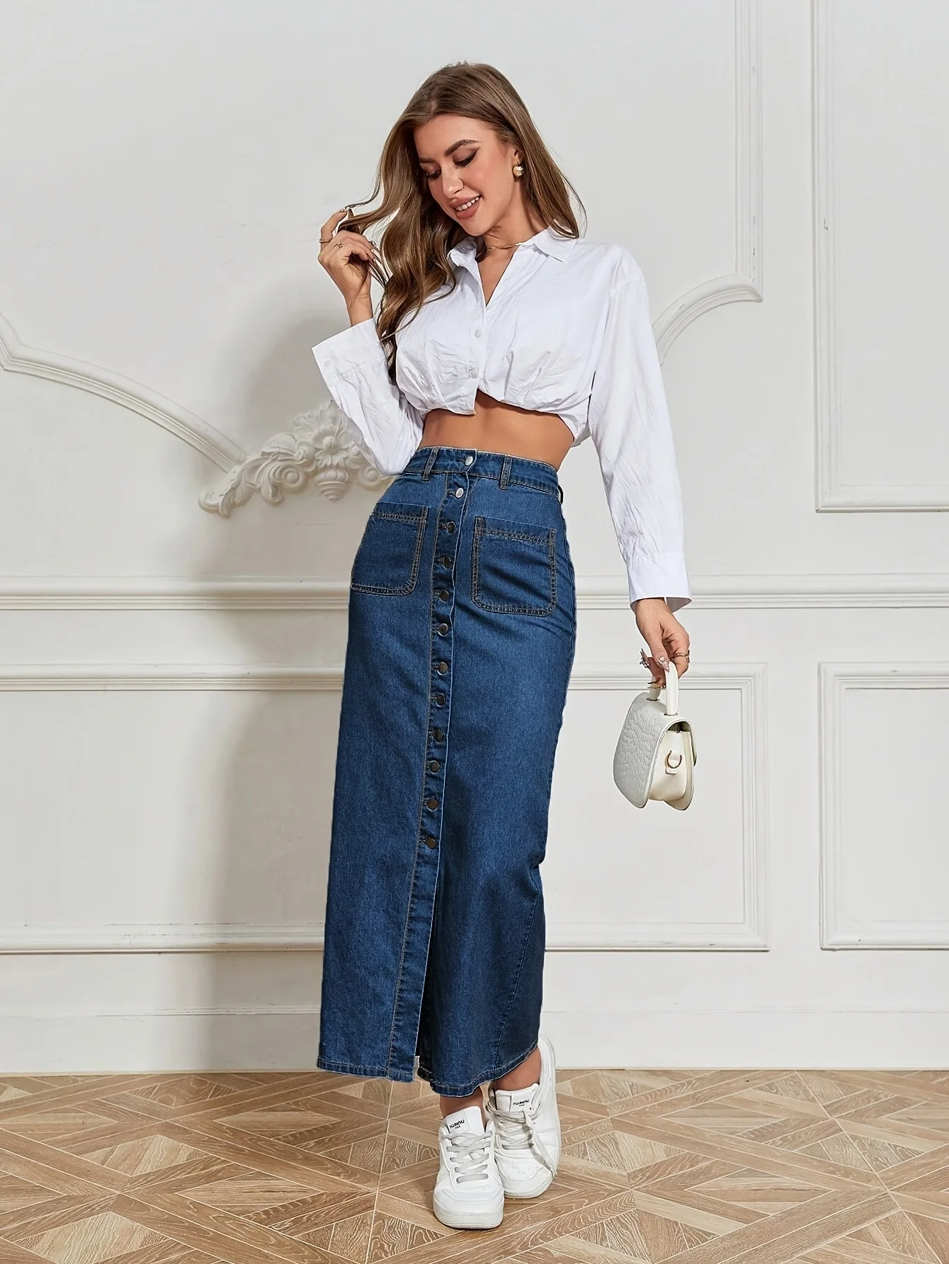 Women's Blue Stretch Denim Long Skirt With Multi-Breasted Details Slim And Sexy Style Casual And Fashionable Long Denim Skirt  F