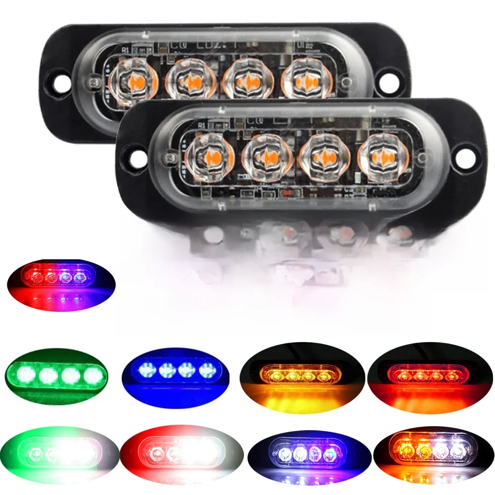 4 Led stroboscopique côté voyant d'avertissement calandre stroboscopique clignotant barre lumineuse voiture camion balise lampe ambre jaune blanc feu de circulation 12V - 24V