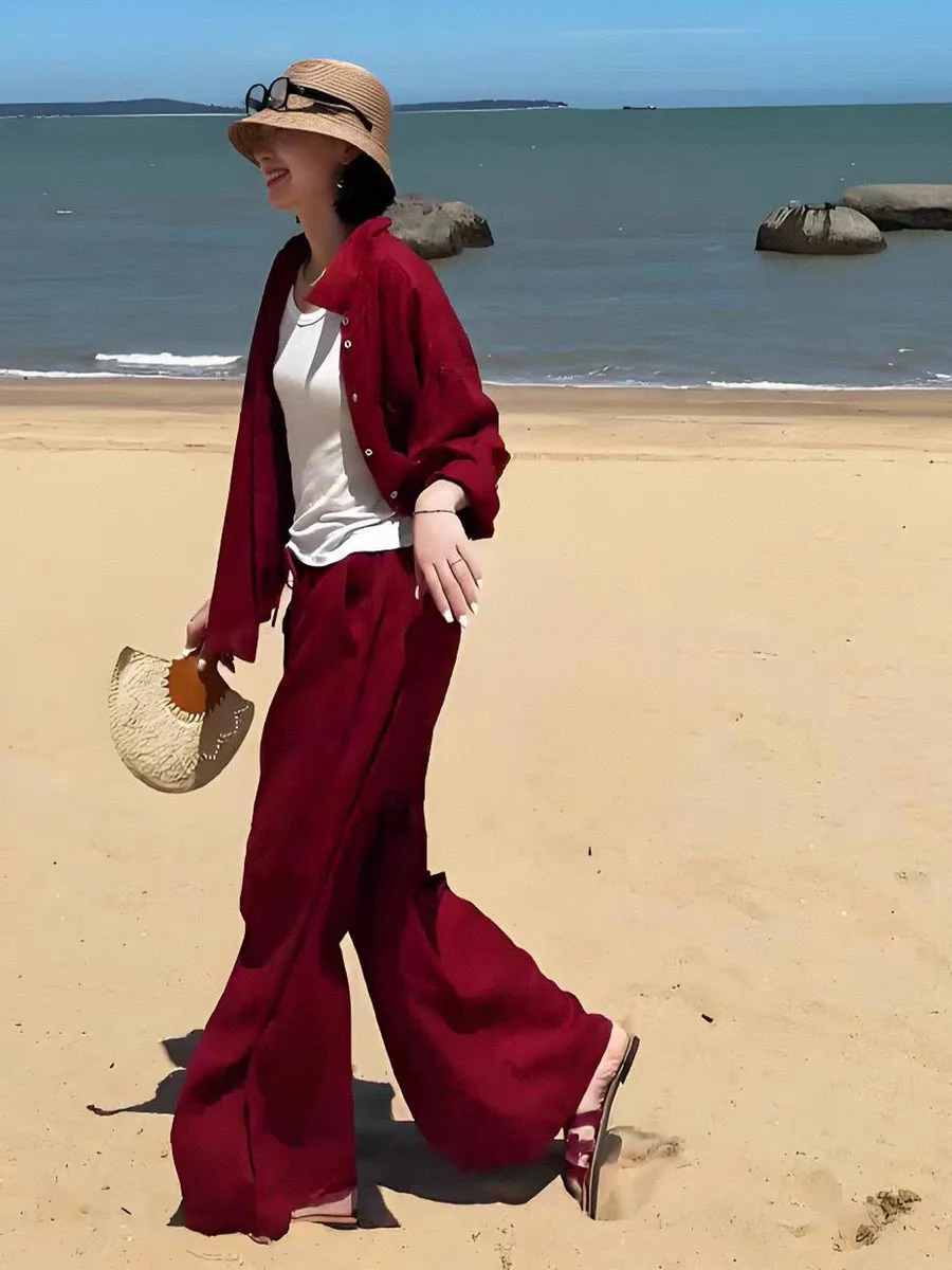 ชุดสูทกางเกงผ้าลินินสีพื้นเรียบหรูสำหรับผู้หญิงช่วงต้นฤดูใบไม้ร่วง