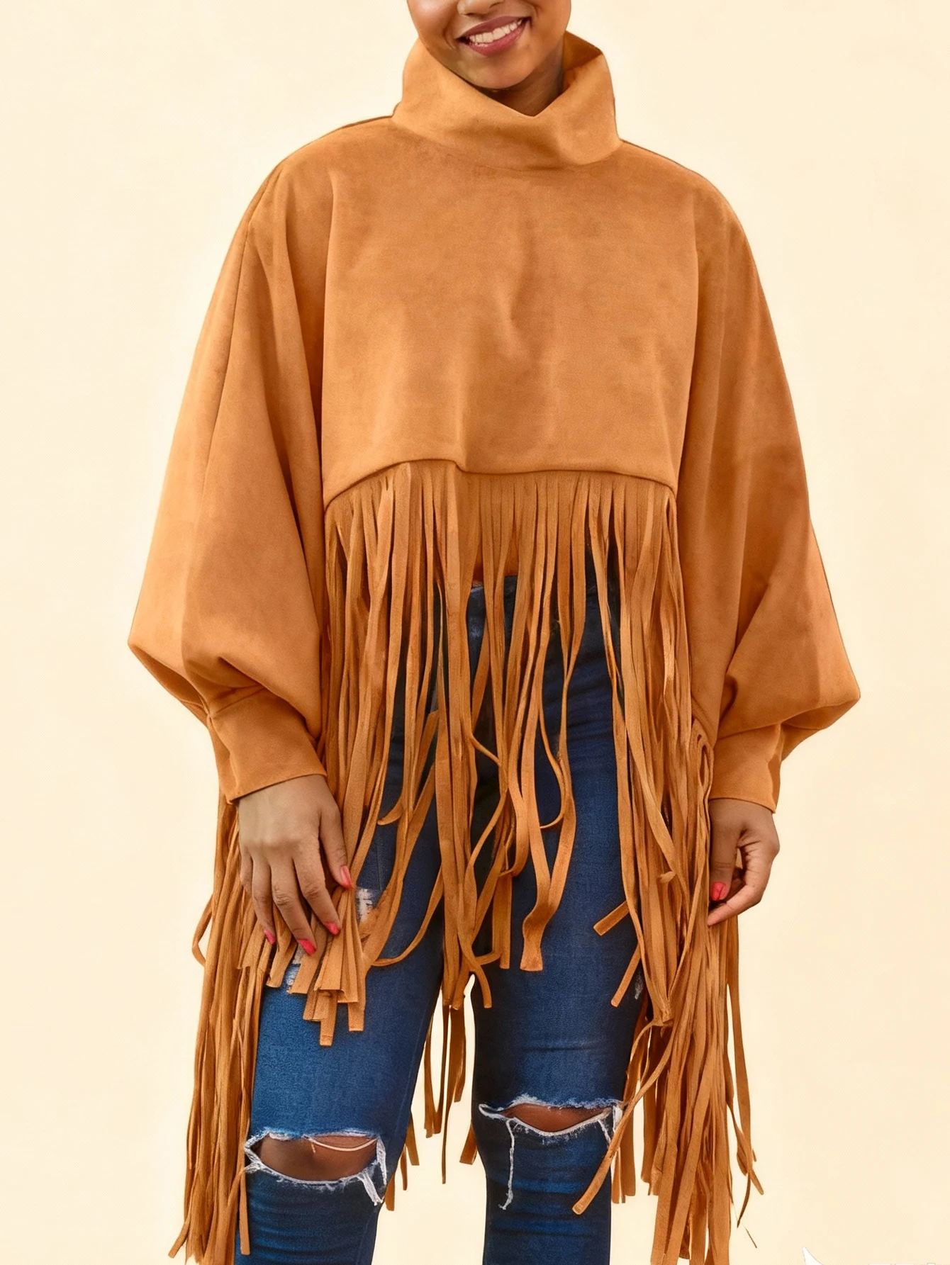 

Women's Autumn/Winter Fashionable Casual Solid Color Tassel Shirt Jacket High Neck Long Sleeve Tassel Fashionable Top