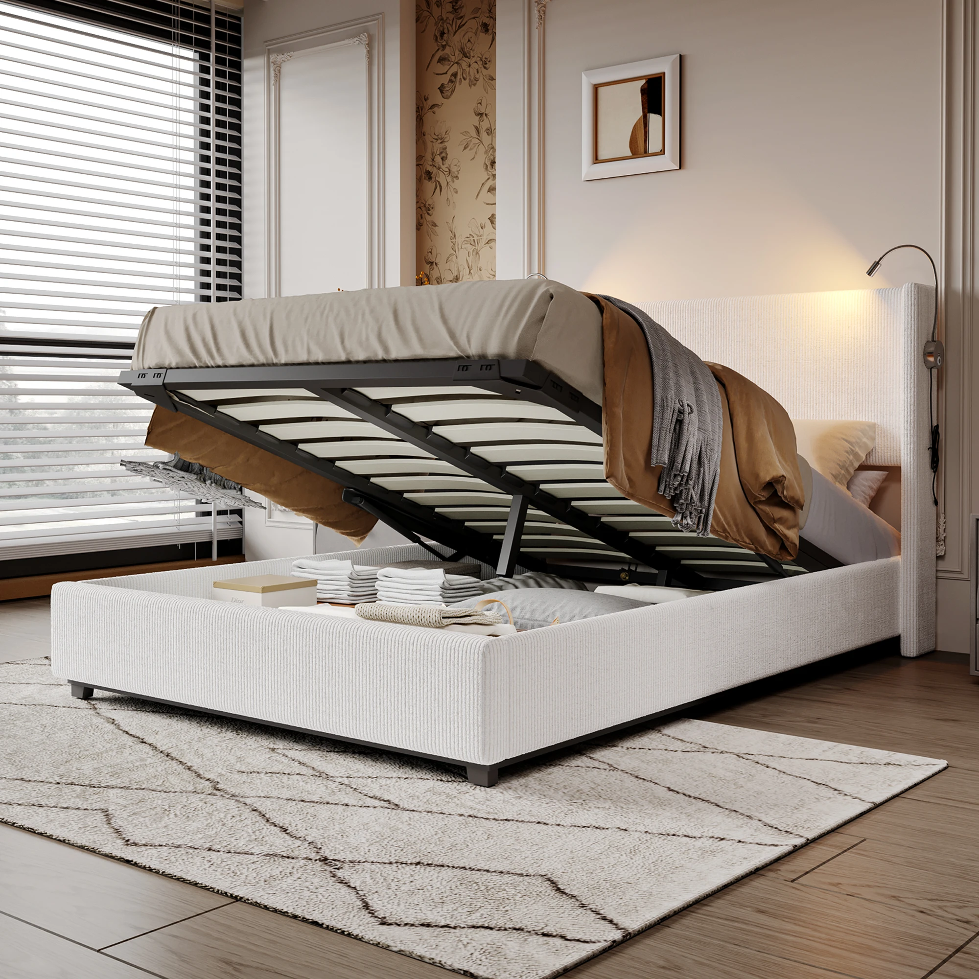 140x200 cm white corduroy double bed Frame with hydraulic lid storage space and reading light for bedrooms