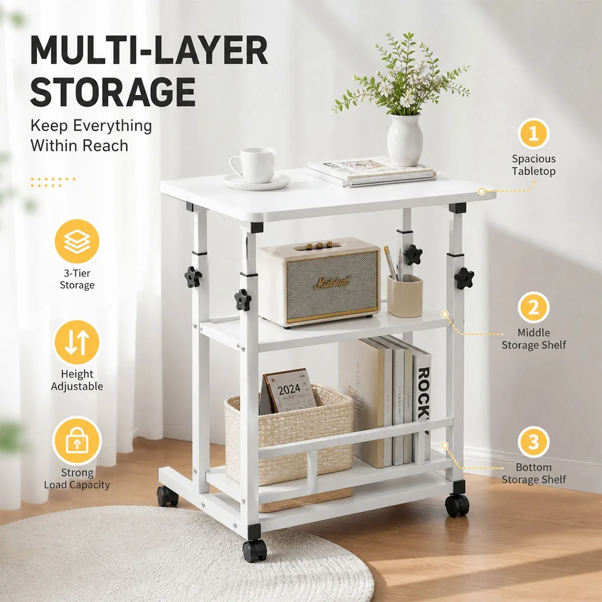 Adjustable Height Side Table with Wheels 3-Tier Storage Rolling Laptop Cart Sofa Bedside Mobile End Table for Home Office