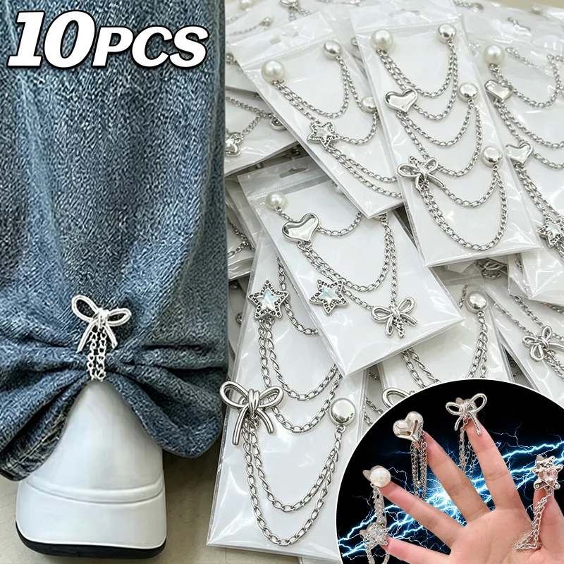 10 Peças de Clipes Magnéticos Multifuncionais para Roupas com Corrente, Botões de Metal com Borla, Clipe para Enrolar Calças, Liga Metálica para Ajustar Pernas de Calças e Shorts