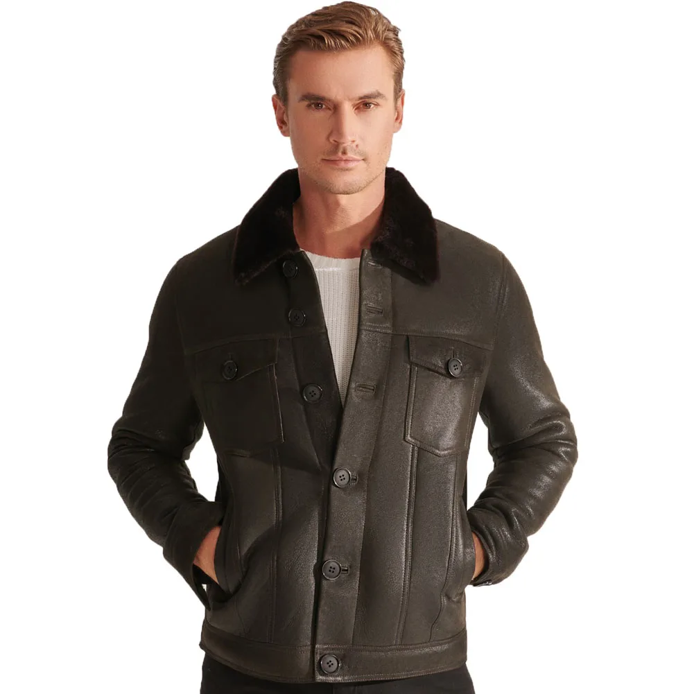 

Denny&Dora Short Sheepskin Coat for Men - Brown Shearling Jacket, Men's B3 Shearling Jacket