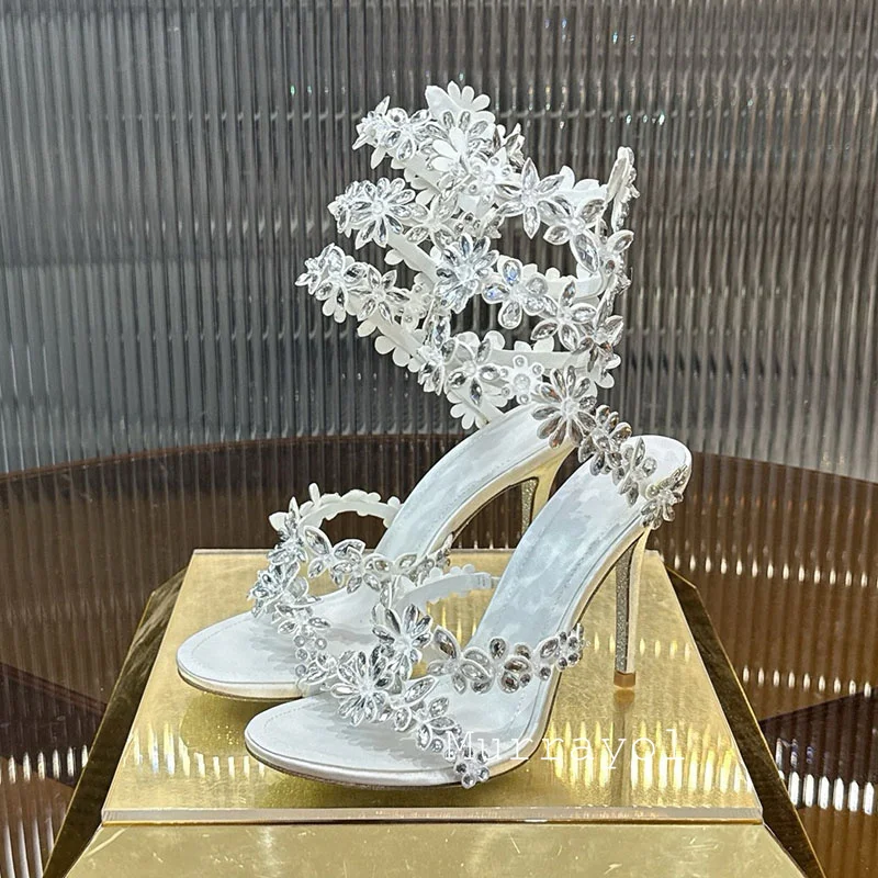 Sandals Women Real Leather Narrow Band Summer Flower Rhinestone Ankle Strap Thin High Heels Sandalias Wedding Party Dress Shoes view 3
