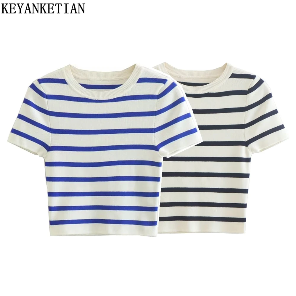 KEYANKETIAN women's round neck short-sleeved knitted striped shirt summer new British style tight short fashion pullover top