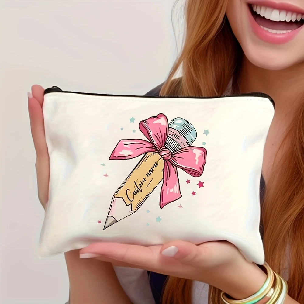 Customizable Teacher Makeup Bag with a Pink Bow and Pencil Design - Personalized Pouch, Suitable for Back-to-school Season