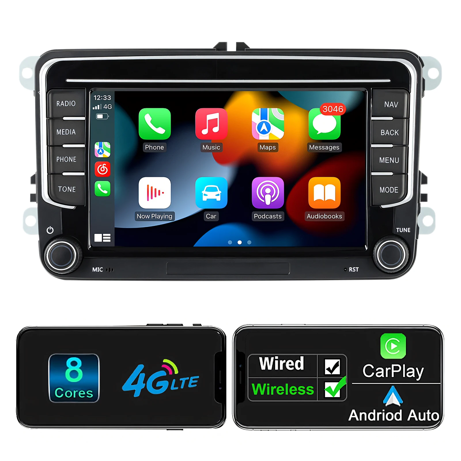 Autoradio 2 Din con CarPlay Wireless e Android Auto, Lettore MP5, Bluetooth, FM, AM, RDS per Volkswagen VW Golf Passat B6 B7 Polo Tiguan Skoda Octavia Seat Leon