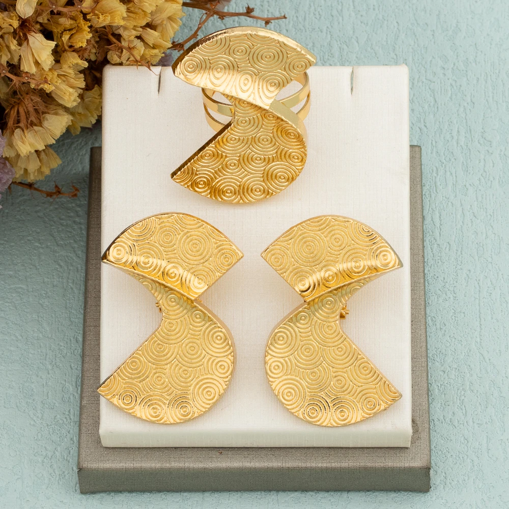 

African 18K Gold Plated Jewelry Set for Women Copper Human Shape Design Clip Earrings Statement Ring Dubai Wedding Bride Jewelry