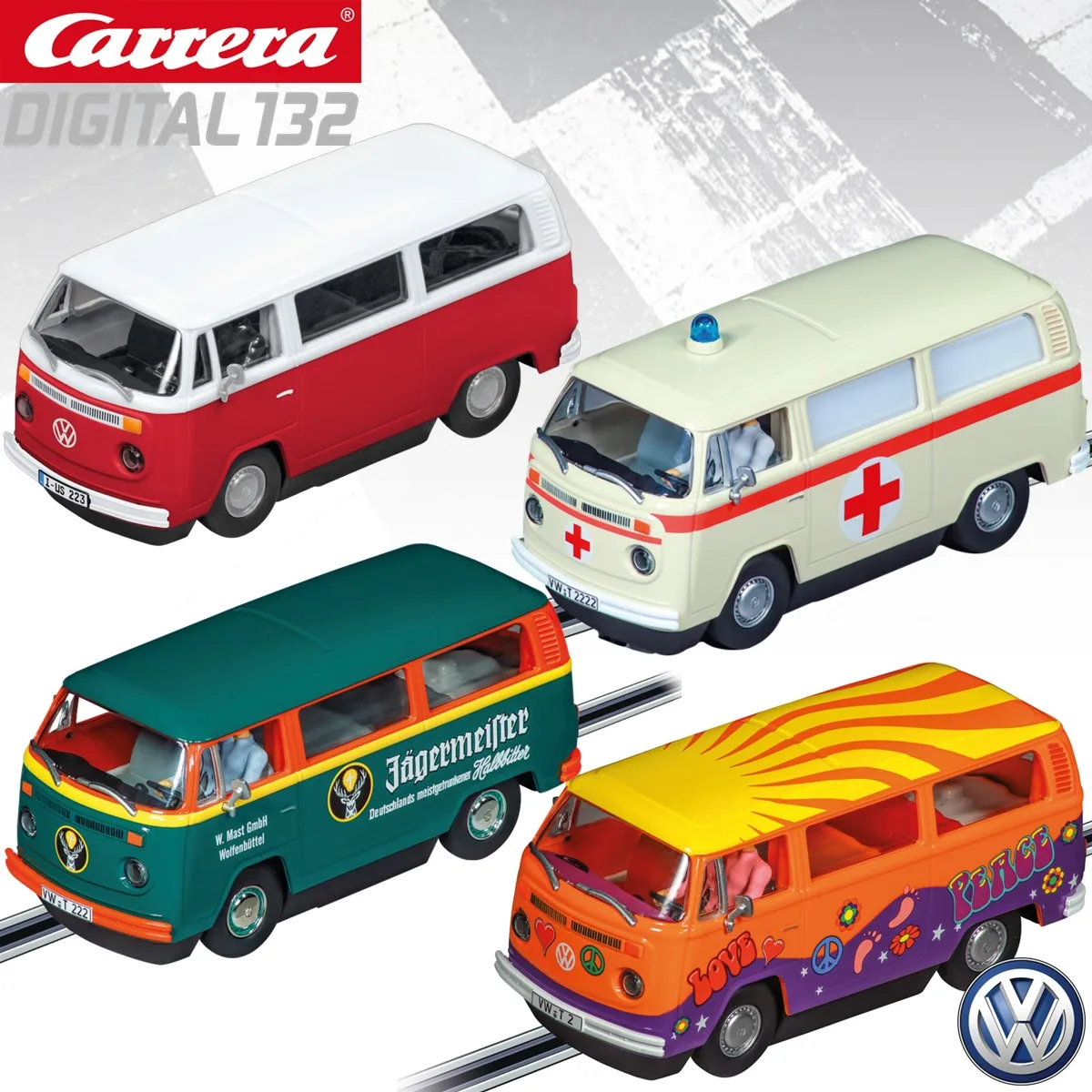 Carrera Slot Car Digital132 VW Bus T2b 31095 Peace and Love / 31096 Porsche Renndienst / 32033 Ambulance / 32034 Jägermeister