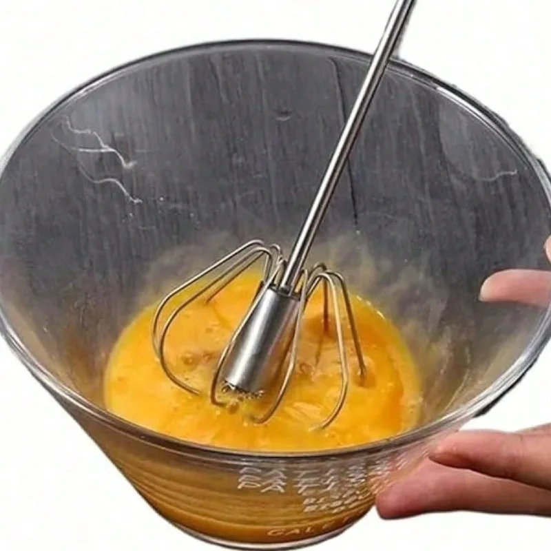 Stainless Steel Semi-Automatic Rotary Egg Beater, Hand Push Manual Whisk, Multi-Purpose Mixer For Cream Cake Batter Coffee Froth, No Electricity Labor-Saving Kitchen Tool Easy To Clean