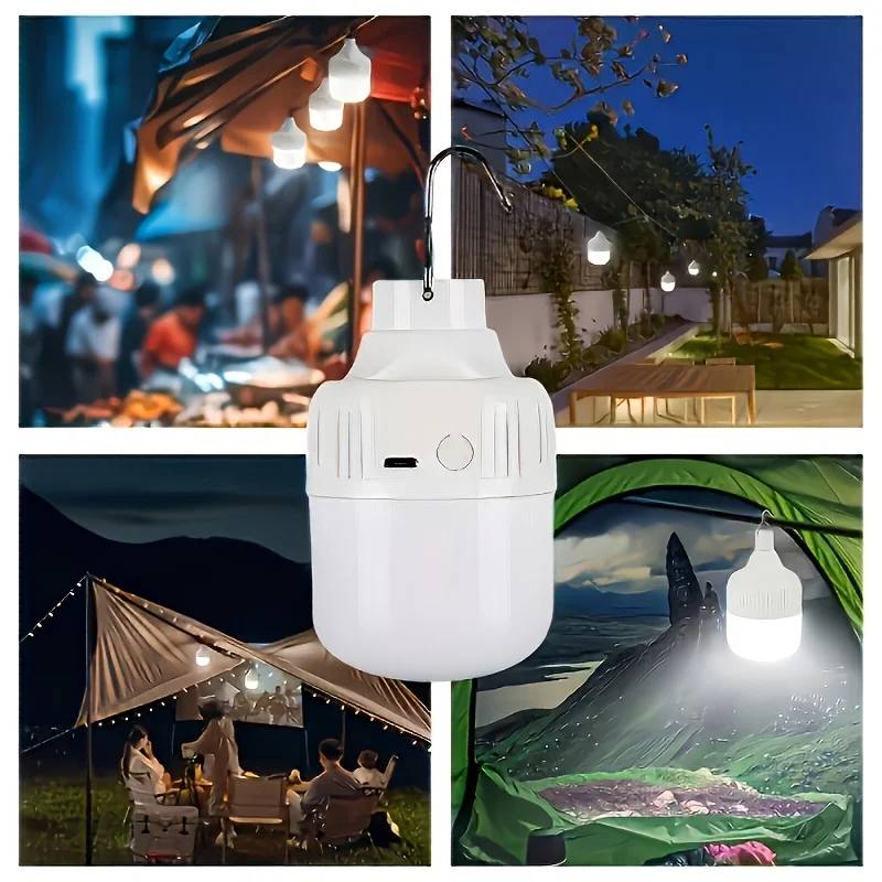 Portable LED camping light, USB rechargeable, with 3 lighting modes for outdoor camping, grilling, and emergency use.