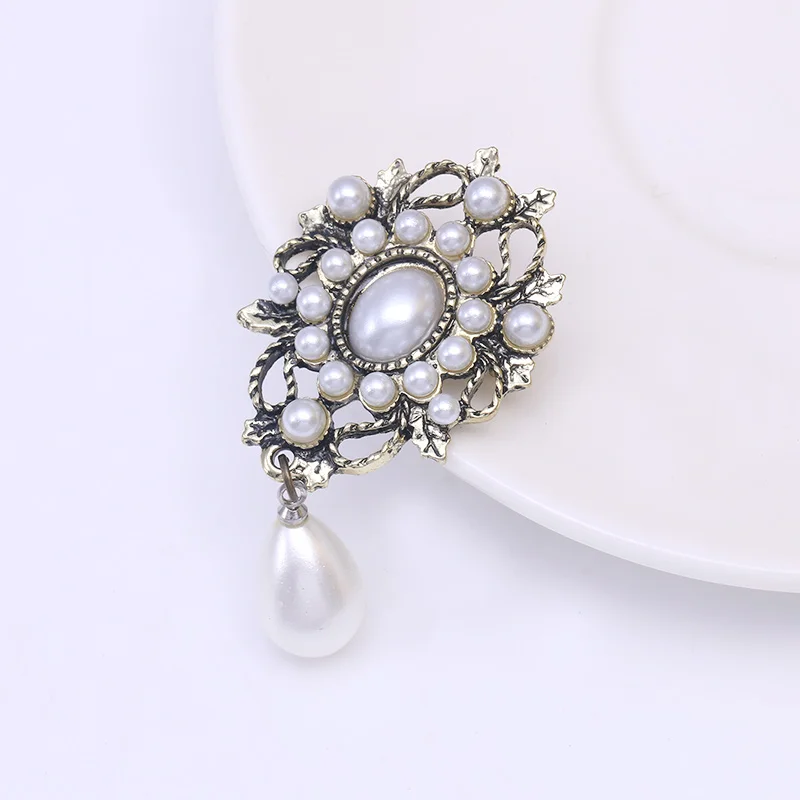 Baiduqiandu Vintage Simulated Pearls Drop Brooches For Women Men Antique Silver Plated Clothes Pins