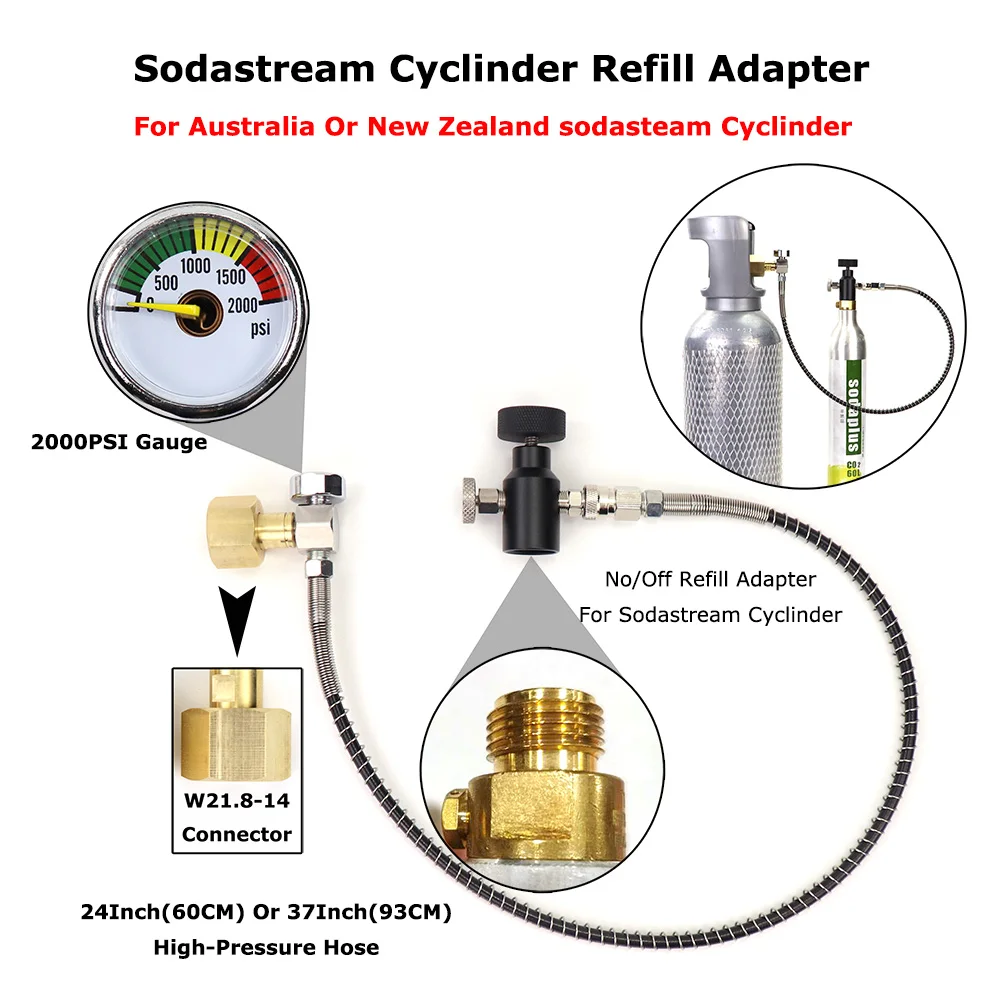 Adaptateur de recharge de soda Co2 à intervalles précieux, station de remplissage avec tuyau, jauge 2000PSI, Australie et Nouvelle-Zélande