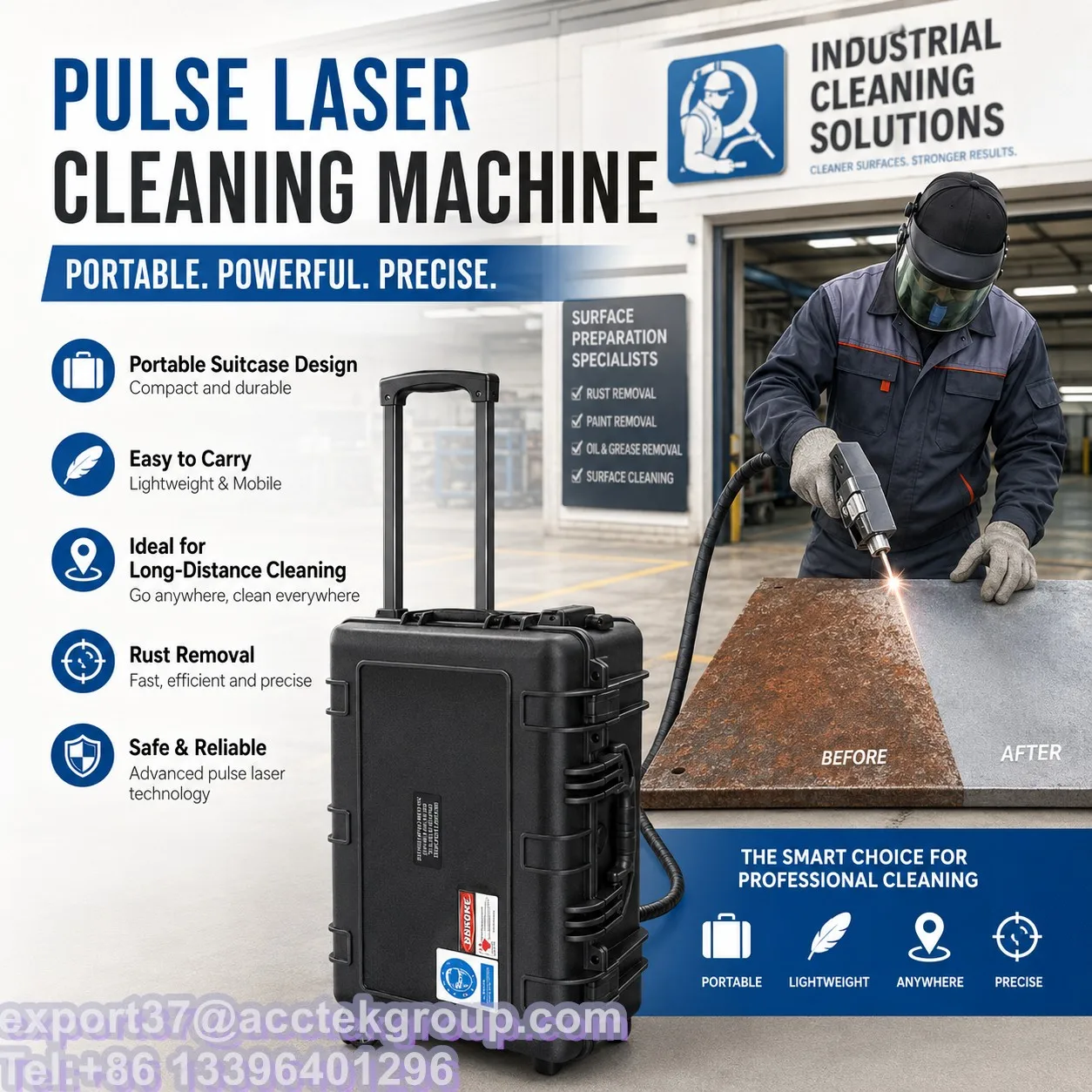 100 200 300 Watt Suitcase Fiber Laser Cleaning Equipment with Light Hand-held Gun No Damage to Base Material