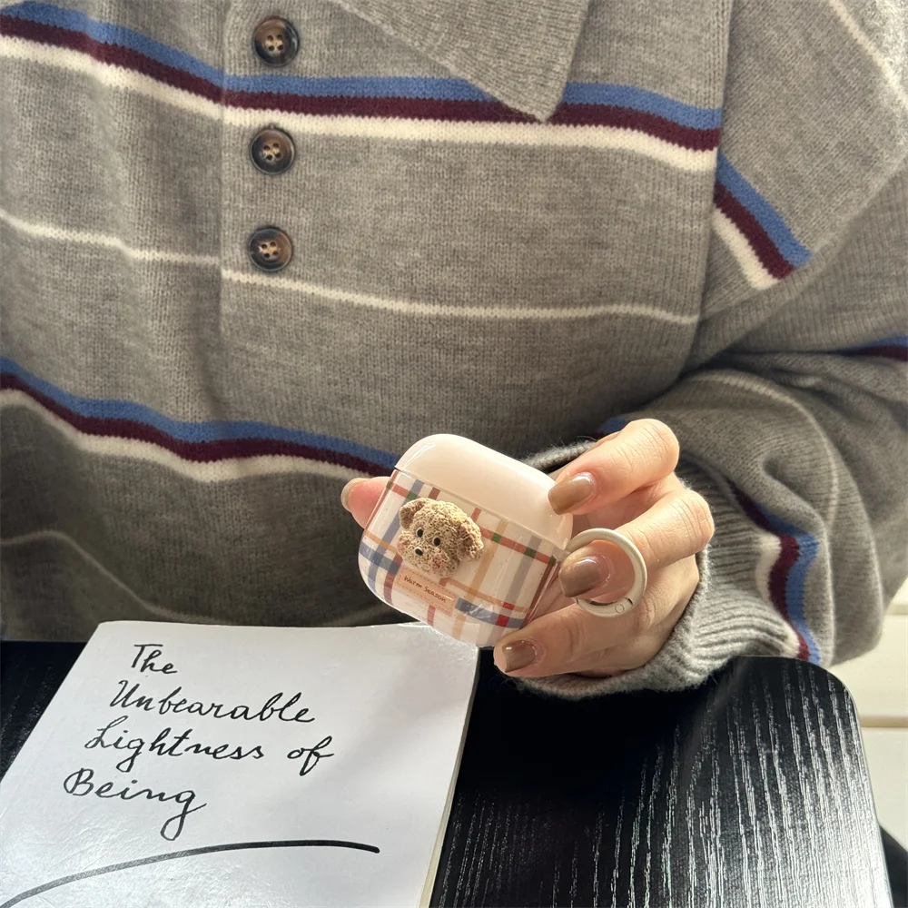 

Korean INS Plaid Pattern Cute 3D Puppy Earphone Case Protective Cover for Airpods 2 3 4 Pro 2 Pro 3 Cover Cartoon Headphone Case