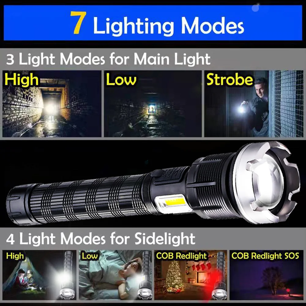 Imagem -04 - Potência Lanterna Led Xhp360 36-core Super Brilhante Tático Flash Luz Usb Recarregável Lanterna Tocha 10000000lm 10400mah de Alta