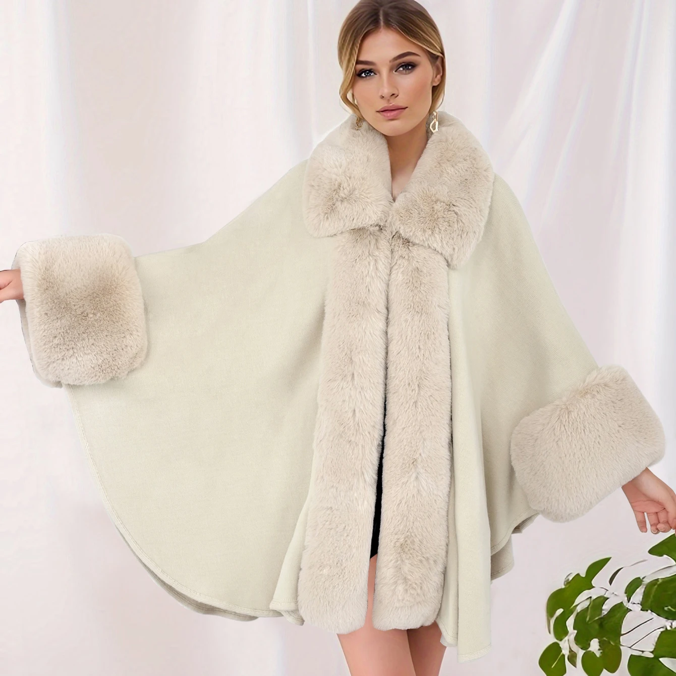 Vintage Knit Shawl Poncho Cape with Faux Fur Trim Casual Collared Long Sleeve Cape Outerwear for Fall & Winter