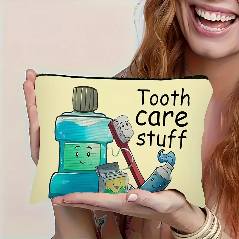 1Pc Cute Cartoon Oral Health Retro Design Multifunctional Travel Makeup Bag, Snack Storage Bag, Stationery Storage Bag, Fashionable Toiletry Bag, Canvas Double-Sided Printed Zipper Pouch