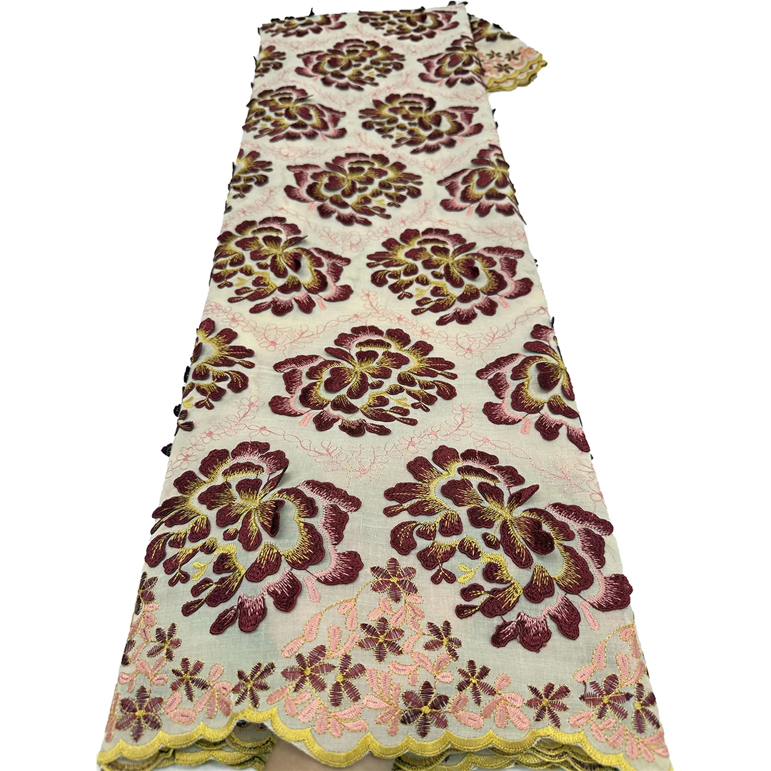 2026 New Arrival French Mesh Embroidered 3D Big Flower Multicolor Cotton Soluble Lace Fabric For Traditional Wedding Sewing