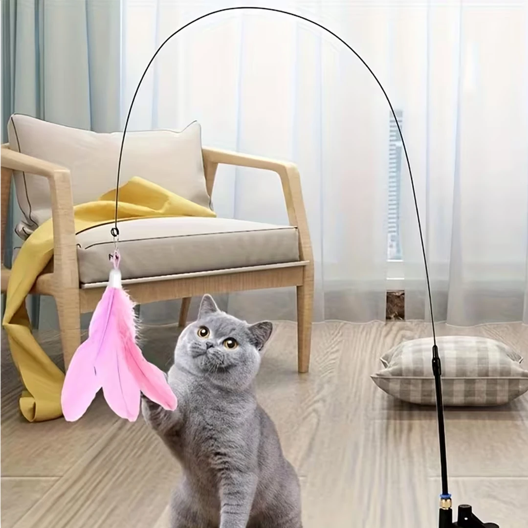 Cat Feather Bell Toy with Suction Cup Base 1 Teaser Wand 3 Replacement Feather Heads Interactive Cat Toy for All Cats