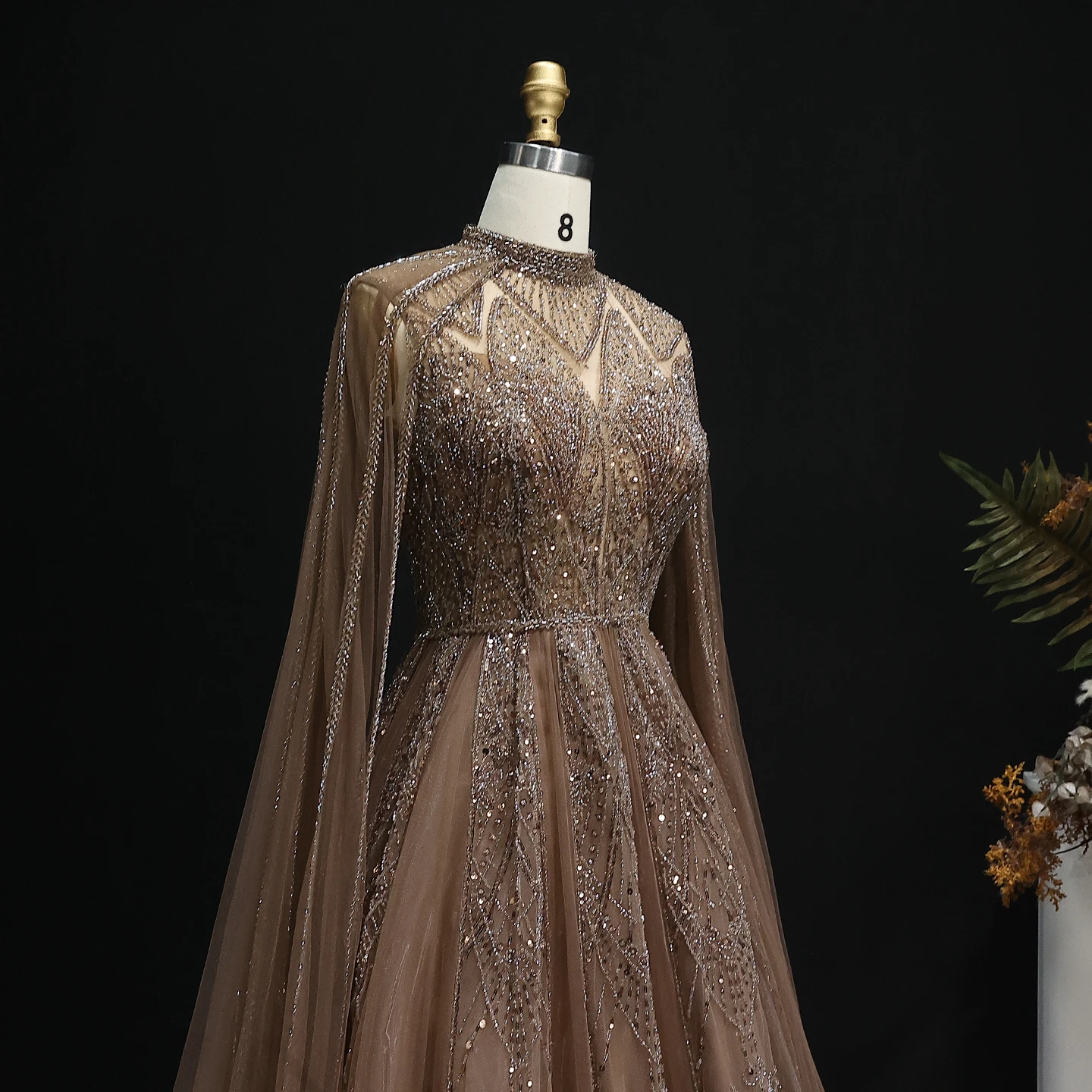Sharon Said Luxuriöses Dubai Rosa Abendkleid mit Cape-Ärmeln Braun für Muslimische Arabische Hochzeit Damen Partykleider SS050 Maßanfertigung – Detail 12