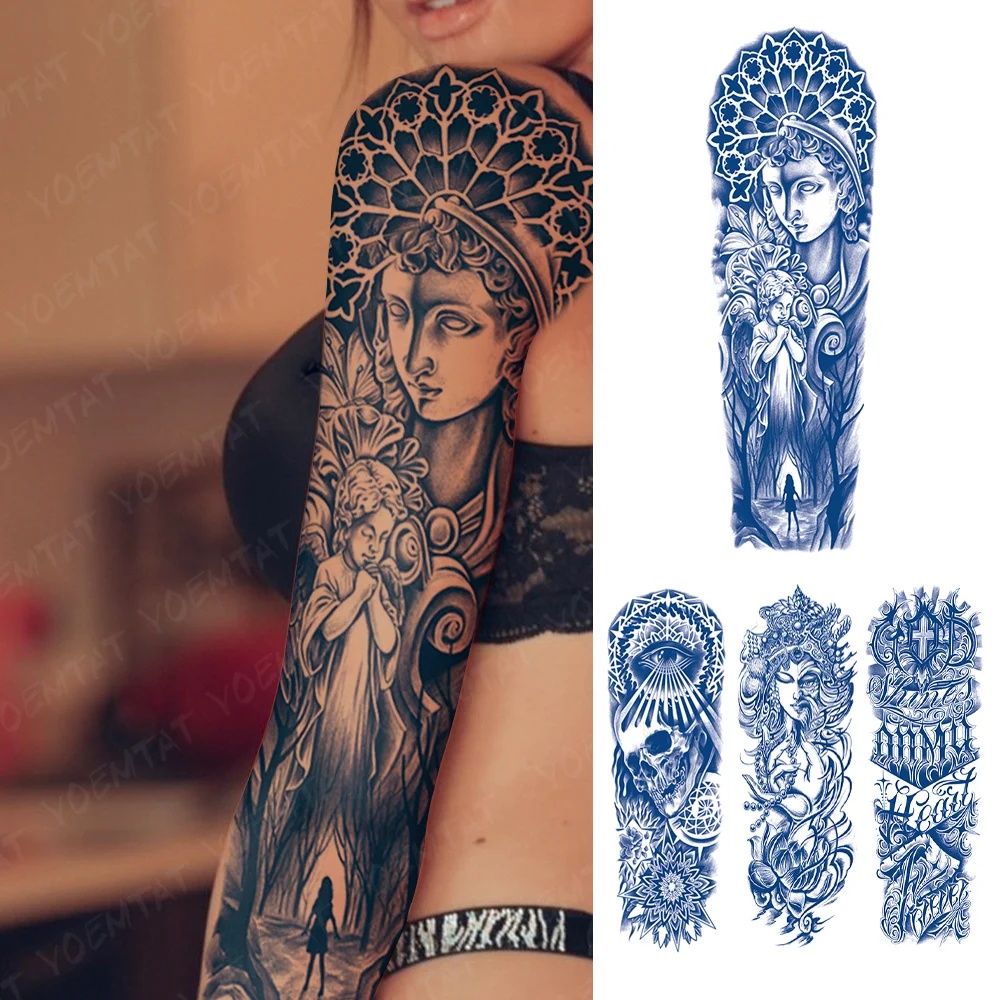 Semi-Permanent Herbal Ink Large Arm Tattoo Angel Nun Flowers Waterproof Temporary Tattoos Stickers Lasting Fake Tatoo Women Men