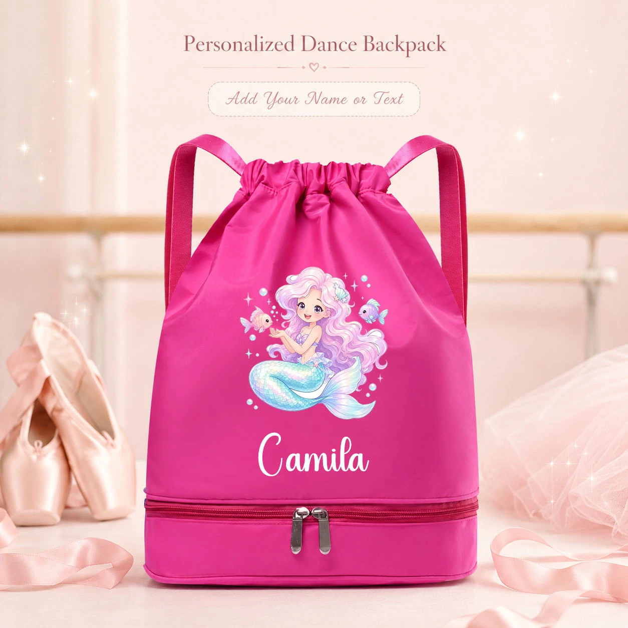 Custom Name Ocean Mermaid Drawstring Bag with Shoe Compartment, Dance Storage for Ballet Class, School, Swim Lessons and Fitness view 6