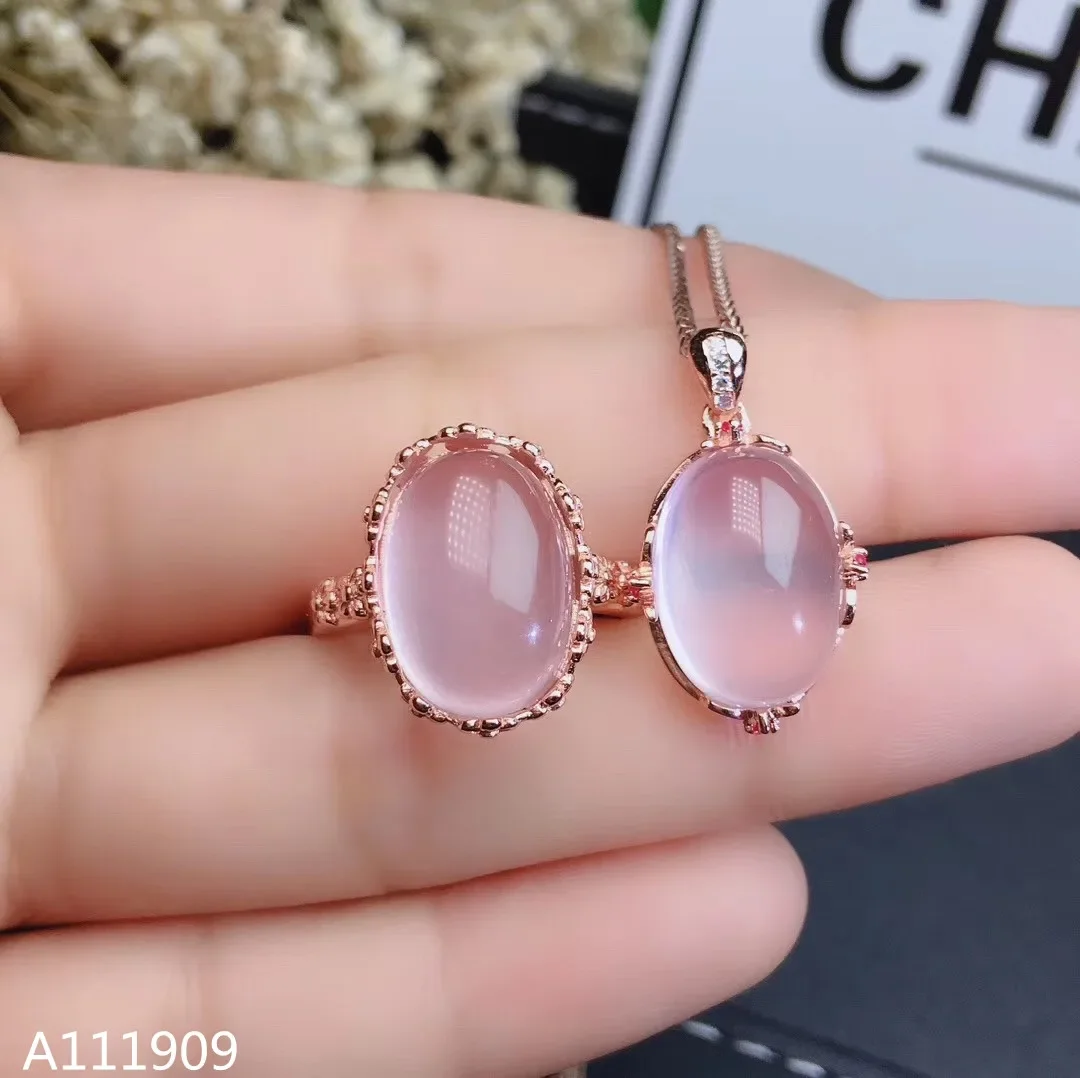 

Girls' Natural Smooth Pink Crystal Hibiscus Stone Gemstone Necklace Pendant Ring Set 925 Pure Silver Plated Rose Gold Party Gift