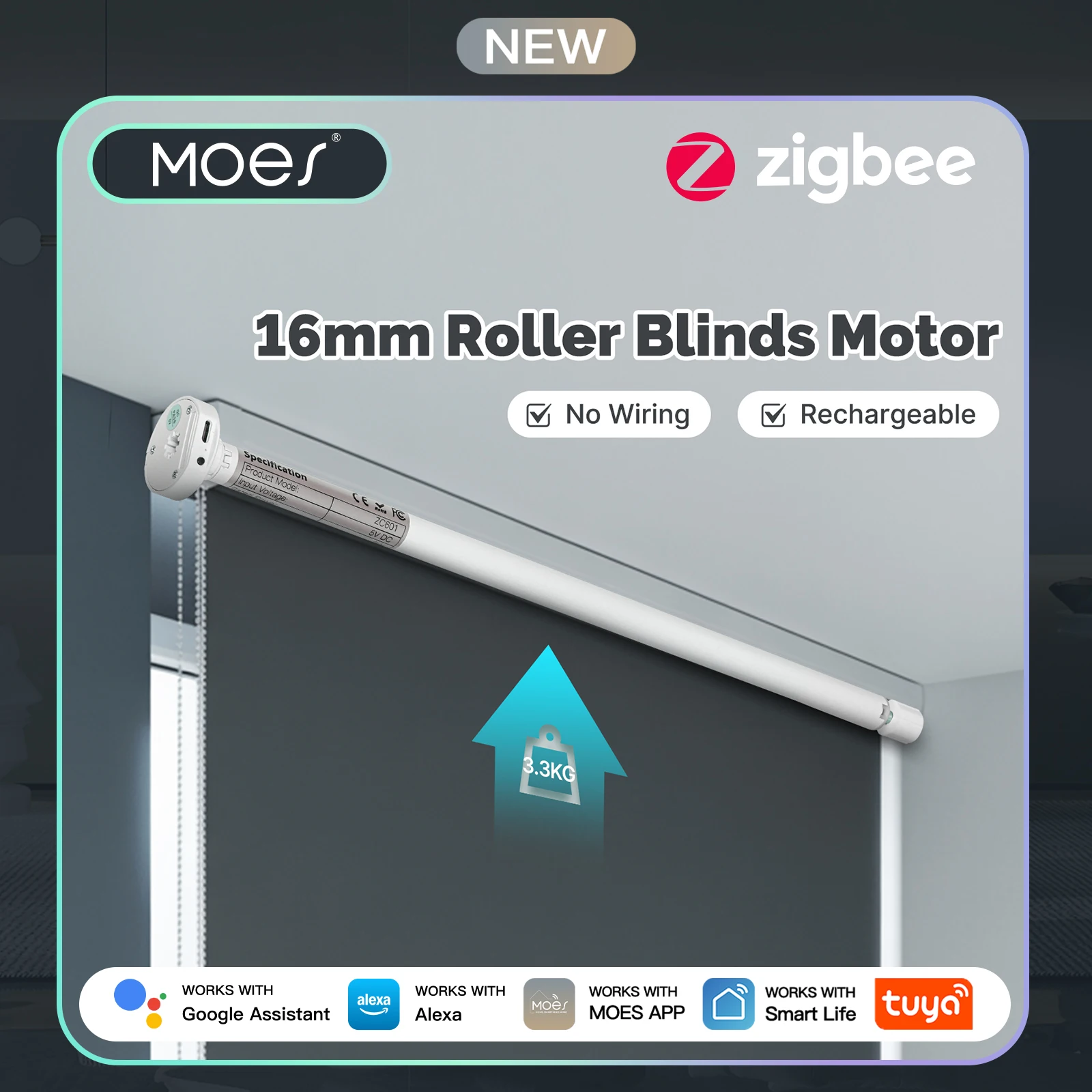 

MOES Tuya Zigbee Smart Roller Blinds Motor 16mm Chargeable Window Shades Curtain For 17/25/28mm Tube Work with Alexa Google Home
