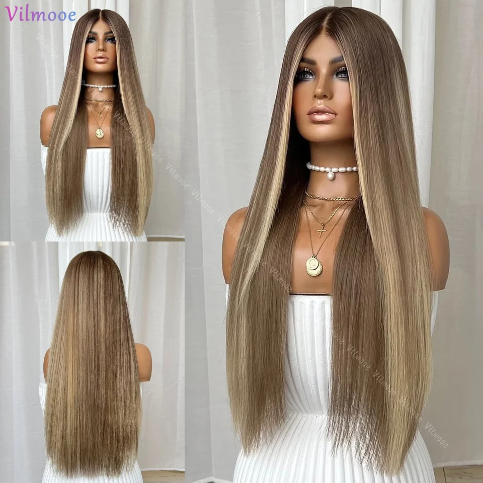 

180 Density Highlight Ombre Ash Blonde Brown Roots 13x4 Lace Front Straight Wig Transparent Full Lace Human Remy Hair for Women
