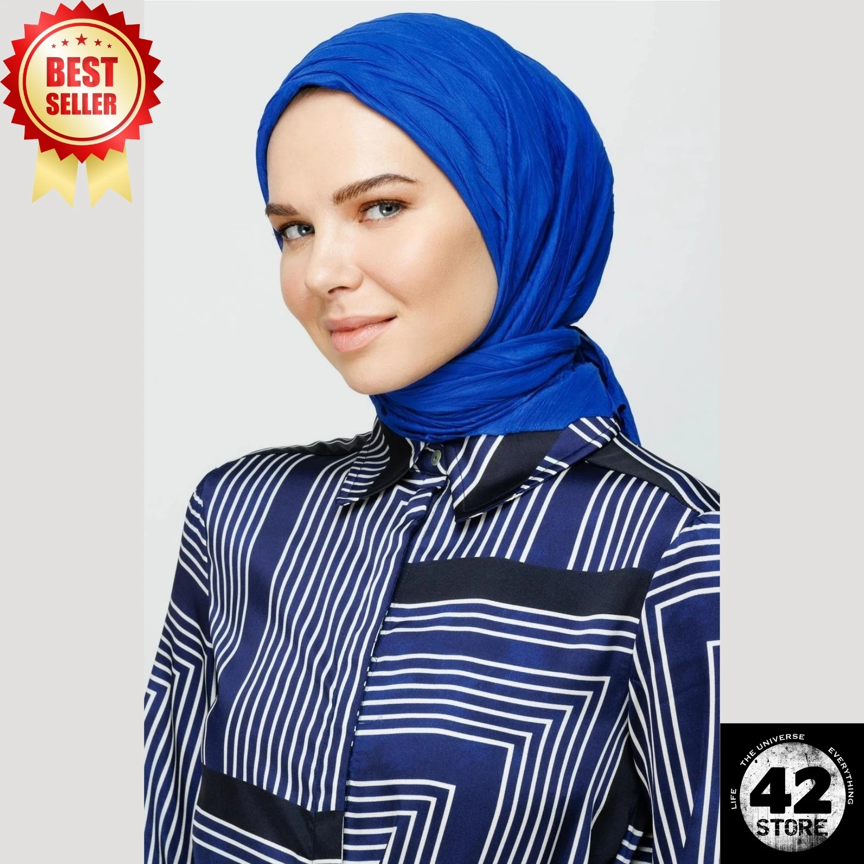 

No Ironing Required, Can Be Used Without A Cap, Comfortable, Trendy Pleated Sax Blue Bamboo Scarf