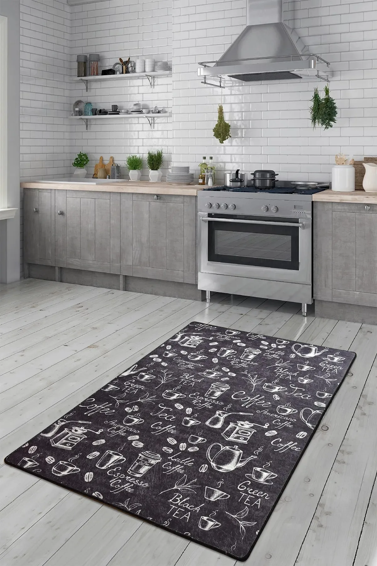 CAPPUCCINO BLACK DJT Kitchen Rug, Non-Slip Base, Washable. 60x135, Pile Height: 10 MM, Vivid Color Quality