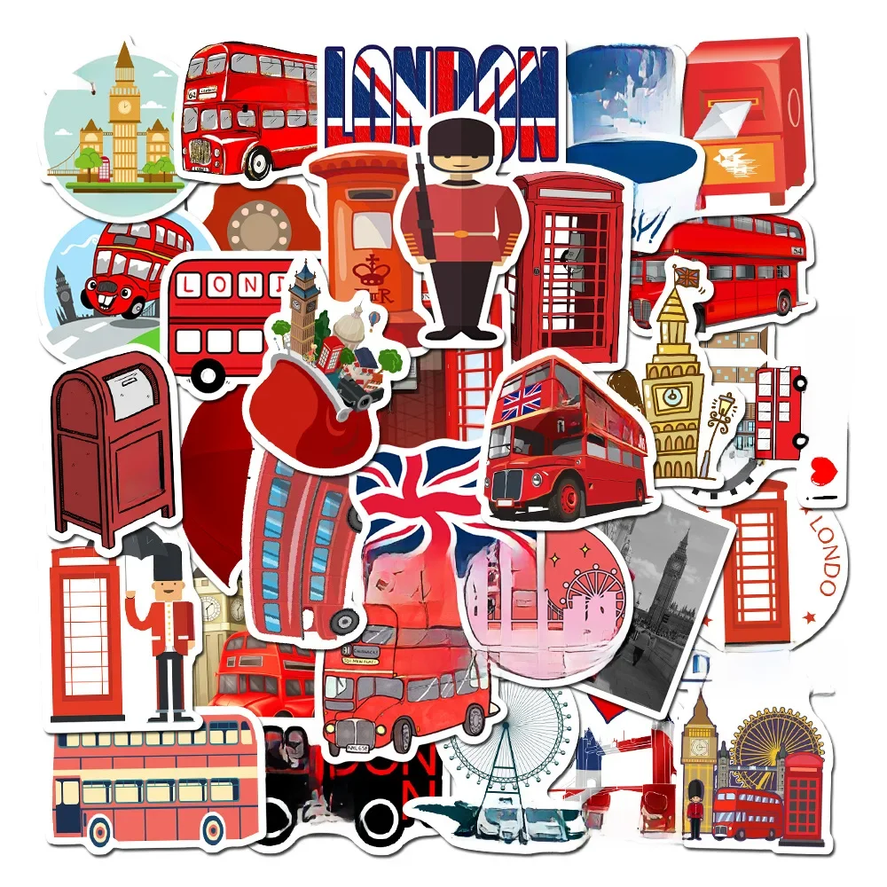 10/30/50 sztuk klasyczny czerwony autobus budka telefoniczna, London, England, czerwony laptopa walizka naklejka na telefon dekoracji zabawki dla chłopca hurtownie — zdjęcie 2