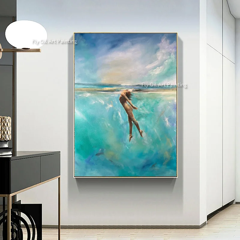 Handmade Abstract Ocean Swimming Woman Oil Painting Turquoise Sea Figure Canvas Wall Art Modern Beach Picture for Bedroom Decor