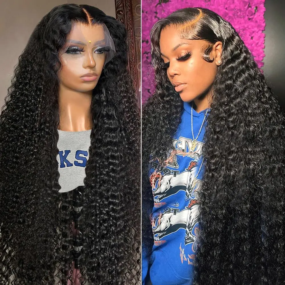 

Deep Wave Lace Front Wigs Brazilian Human Hair Pre Plucked with Baby Hair 180% Density 13x4 HD Transparent Lace Frontal Wigs 1B