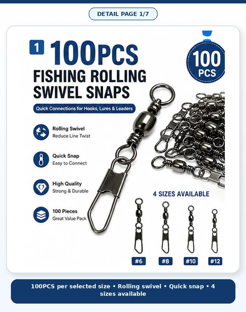 100 Stück Angelwirbel-Clips mit Schnellwechselsystem für Haken, Köder, Vorfäden, Süß- und Salzwasser, Größen 6, 8, 10, 12 – Detail 1