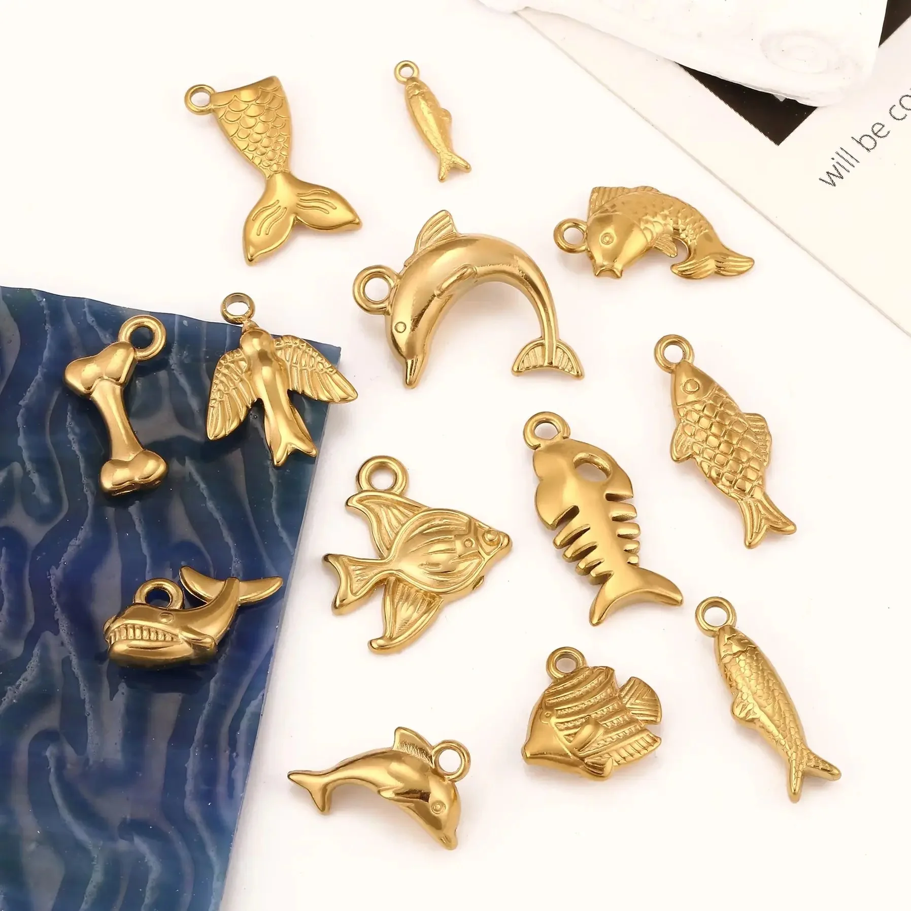 Breloques thème poisson en acier inoxydable, 3 pièces, baleine/dauphin/os de poisson, pendentifs animaux de l'océan, bricolage, Bracelet, collier, fabrication de bijoux