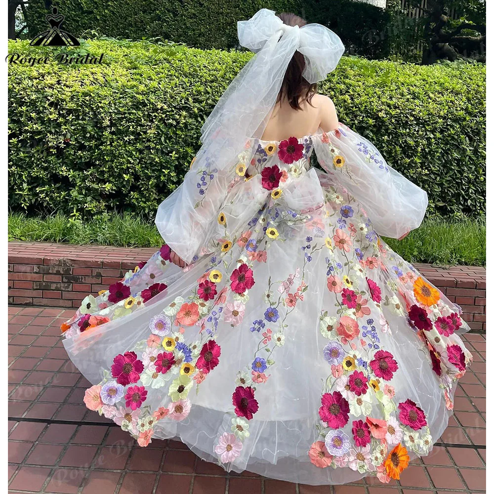 Charming Embroidered Bloom Wildflower Colorful Wedding Dress with Puffy Sleeve 2025 Princess  Bridal Gown Custom Made Garden