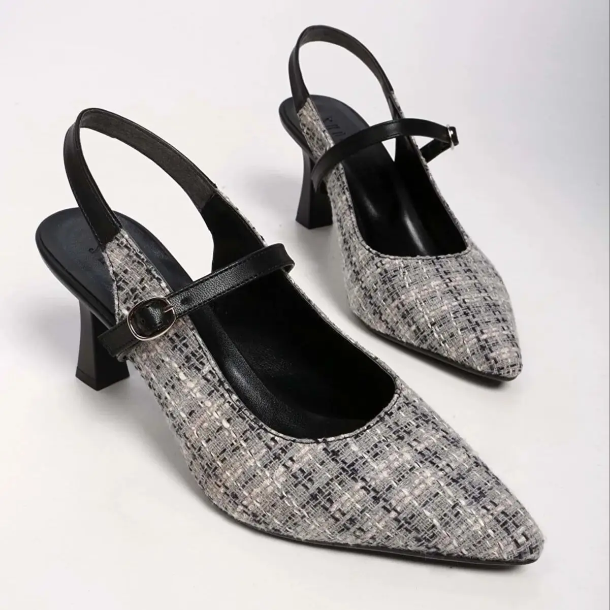 Rug Pattern Tweed Fabric Toe Matte Detail Women's Stiletto Retro Decoration Fashion High Heels Office Lady Pointed Toe Pumps