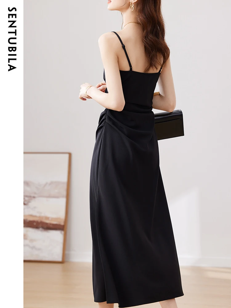 SENTUBILA Sexy Black Dresses for Women 2024 Summer Elegant Ruched Spaghetti Strap Slit Party Evening V Neck Midi Dress 132L48917