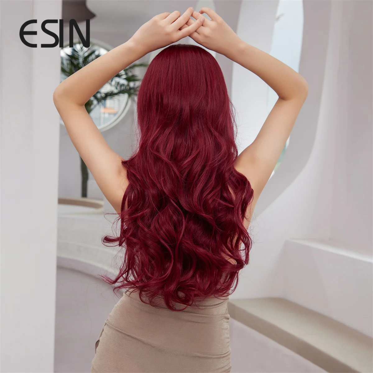 ESIN peluca roja ondulada larga y rizada sintética con flequillo, pelucas esponjosas para mujeres, cabello de Cosplay diario de alta temperatura