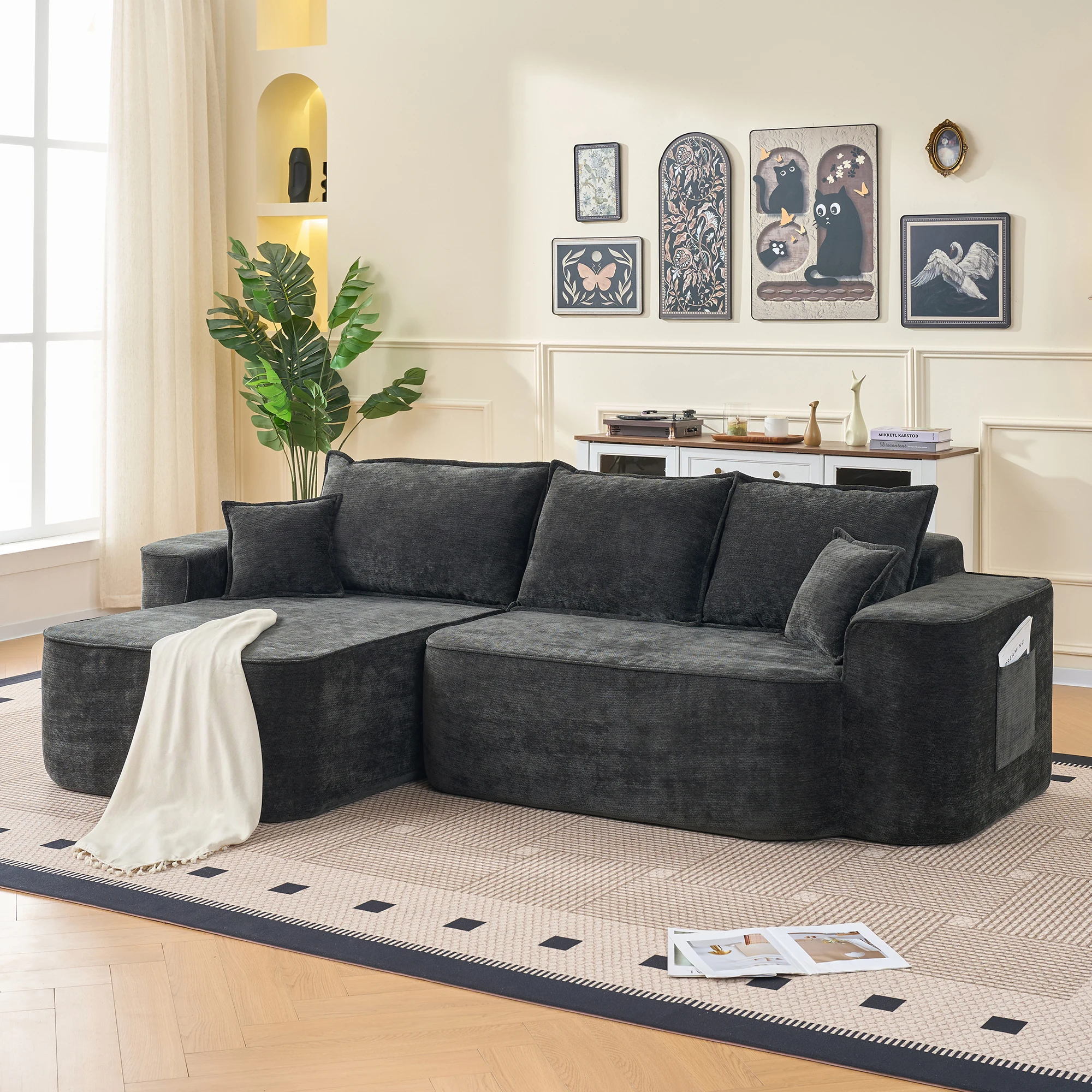 Surface modulaire allongée (144 cm), revêtement en chenille, mousse haute densité 30D, capacité de charge jusqu'à 250 kg, gain de place mural, sans assemblage, noir