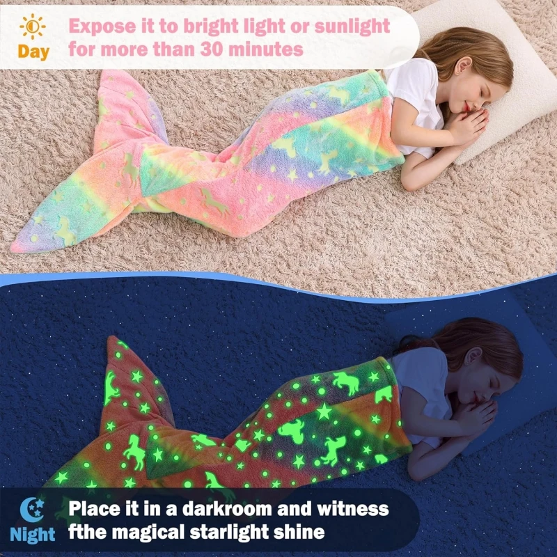 

Mermaid Tail Glowing Blanket Cute Plush Fluffy Soft Blankets for Kids Girls Warm Cartoon Glow in The Dark Soft Cover Wearable.