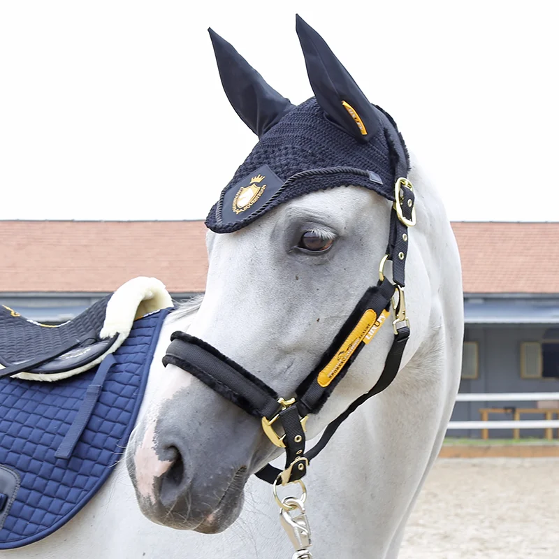 Cavassion High quality Navy Horse Ear Cover embrodery White color horse ear taking care mask black color equestrian equipment