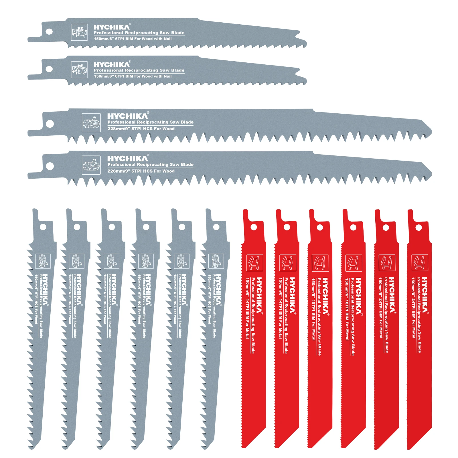 HYCHIKA 16pcs Reciprocating Saw Blades for Cutting Wood Metal PVC Tube Power Tool Accessories