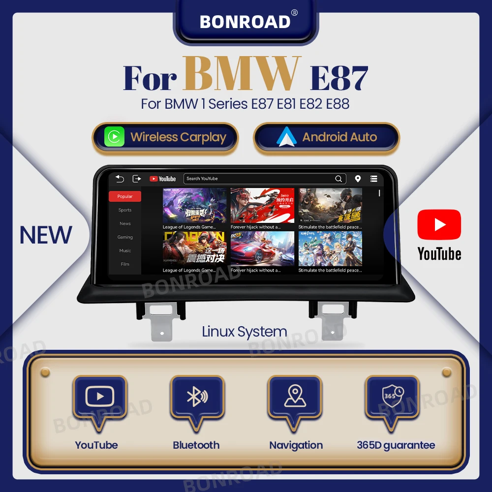 Autoradio BONROAD con YouTube, CarPlay Wireless, GPS e Lettore Multimediale per BMW Serie 1 E87 E81 E82 E88 con Display Touch Screen
